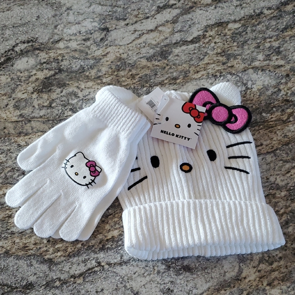 Hello Kitty White and Pink Hat and Gloves Set Sanrio